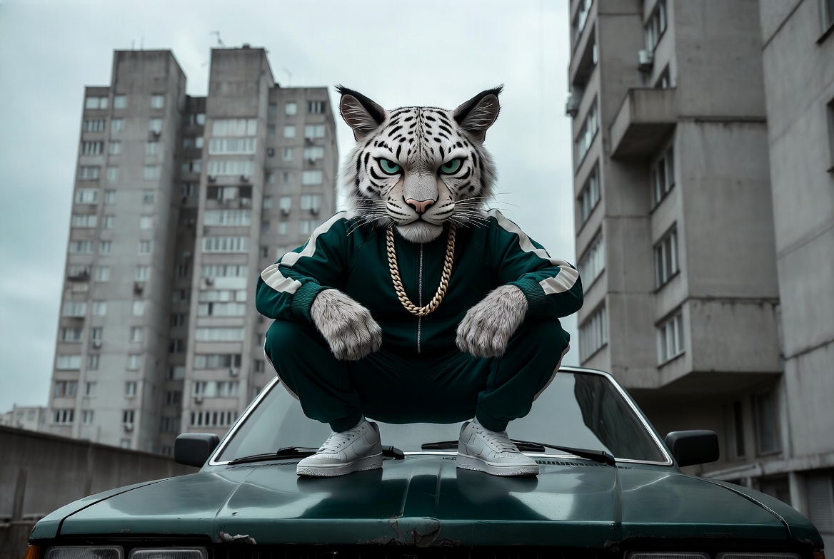 Balkan Hood mascot in a green tracksuit crouching on a car hood in front of concrete towers