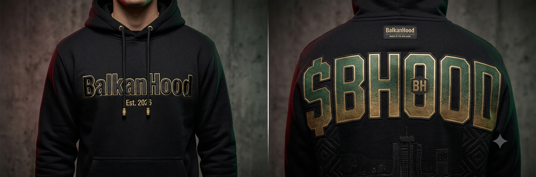 Official Balkan Hood hoodie mockup with front and back print